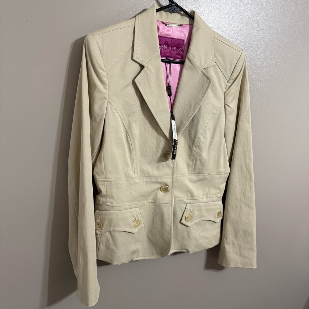 NWT ABS Allen Schwartz Structured Peplum‎ Women's Blazer Khaki Pink Lining Sz 10